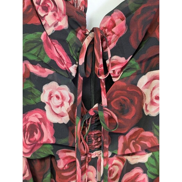 MAJORELLE Black Floral Red Rose Dress Ruffles Romantic Hi Low Flowy Gown Small - Picture 6 of 16